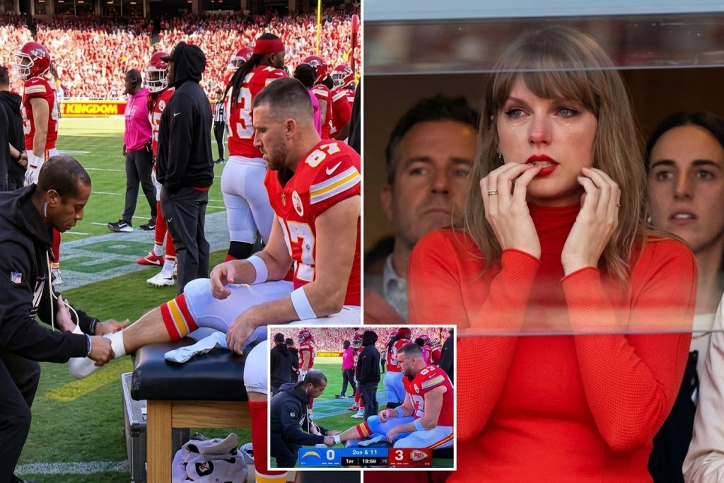 🚨💔 TRAVIS KELCE’S ANKLE GETS WRAPPED DURING THE CHIEFS VS. CHARGERS GAME — BUT TAYLOR SWIFT’S EMOTIONAL REACTION IN THE STANDS HAS FANS WORRIED! 😢🏈❤️